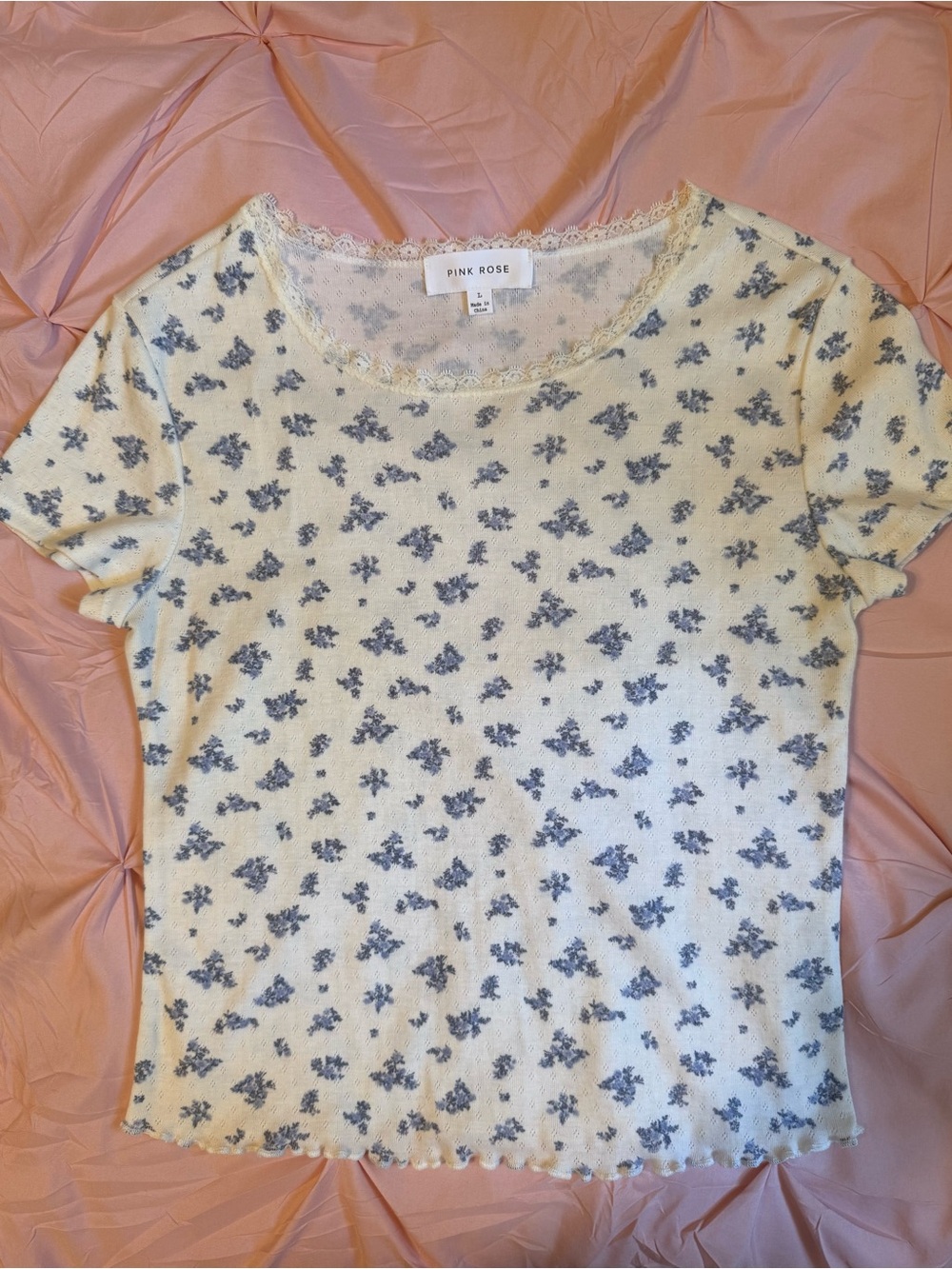 White Top with Blue Floral Print and Lace Trim